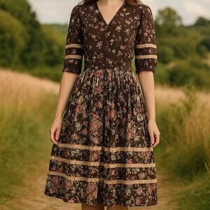 Vintage 1970s Brown Floral Cotton Cottagecore Prarie Midi Dress M